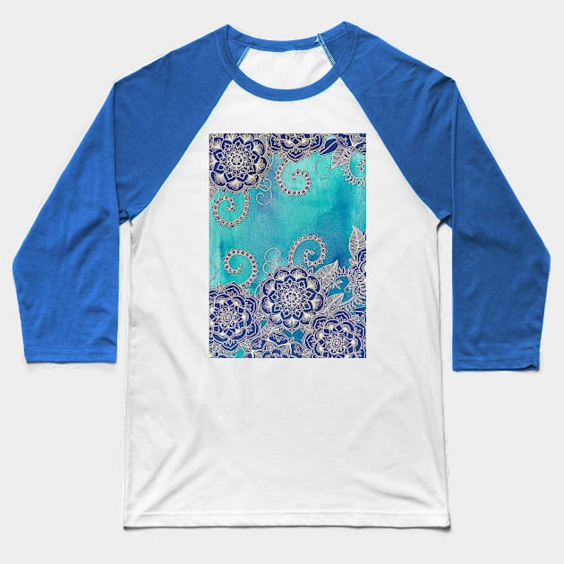 Mermaid's Garden - Navy & Teal Floral on Watercolor Baseball T-Shirt by micklyn
